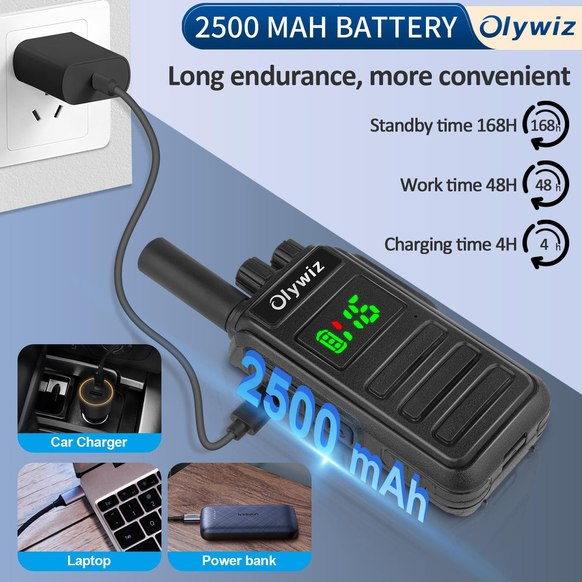 Olywiz Adult Walkie Talkies Long Range - 2 Watt Walkie Talkies Rechargeable - 6 Pack 16 Channel Two Way Radio with 2500 mAh Li-on Battery VOX GMRS USB-C for Business Commercial Work School
