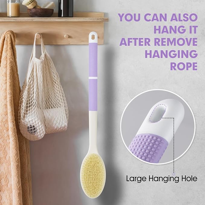 Backski Back Scrubber Anti Slip for Shower, Long Handle Bath Brush with Stiff and Soft Bristles for Exfoliation, Dual-Use Shower and Dry Body Brush(Purple)