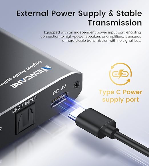 NEWCAER Digital Optical Splitter 1 in 2 Out,SPDIF Toslink Digital Optical Audio Cable Splitter 1x2 Support LPCM2.0 Doldy Digital & DTS 5.1 for Xbox,PS4,PS5,DVD,TV Box,Home Theatre, Receiver,Sound Bar