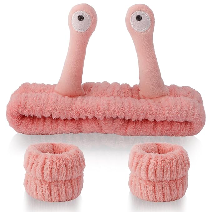 SuPoo 3pcs Snail Face Wash Headband, Wristband and Hair Wrap Set - Funny Pink Puffy Makeup Headbands, Cute Spa Towels and Hair Accessory