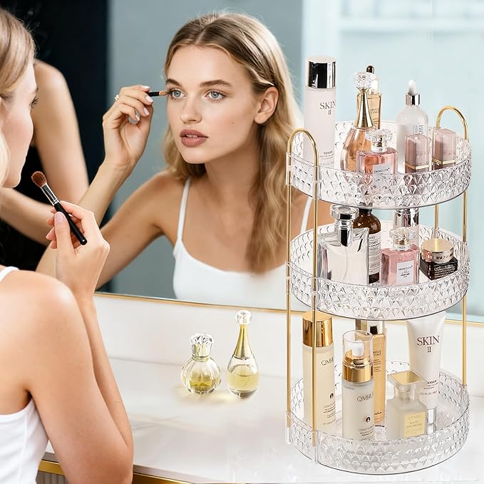 Rotating Makeup Organizer for Vanity, 3 Tier Perfume Skincare Storage for Women, Bathroom Counter Organizer, 360ÃÂ° Spinning Cosmetic Holder for Dresser Countertop, Clear