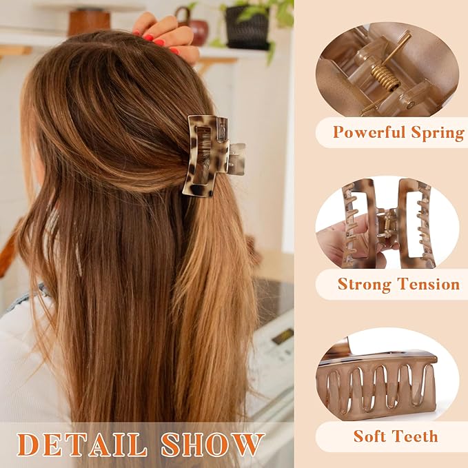 Auseibeely 6 Pcs Rectangle Tortoise Shell Claw Clip - 3.35 Inch Medium Hair Clips for Women and Girls, Non-slip Square Claw Clips for Thick/Thin Hair, Banana Jaw Clips Accessories for Gift