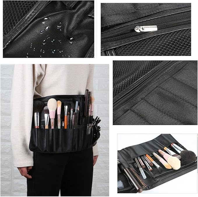 Beautybaby Artist Professional Makeup Brush Waist Bag Cosmetic Portable Multi Pockets Bag with Belt Strap Black