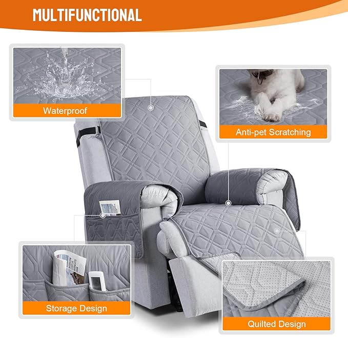 VANSOFY 100% Waterproof Recliner Chair Covers, Recliner Cover Non-Slip Dog Chair Cover Furniture Protector Washable Slipcover with Pocket, Elastic Straps for Pets, Dogs(Light Gray, 22")