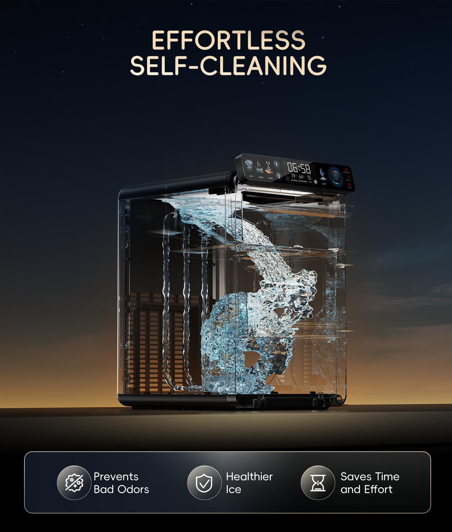 ecozy Nugget Ice Maker Countertop, Smart Pebble Ice Machine with APP Control, 44 lbs Per Day Soft Pellet Chewable Ice with Self-Cleaning, Black