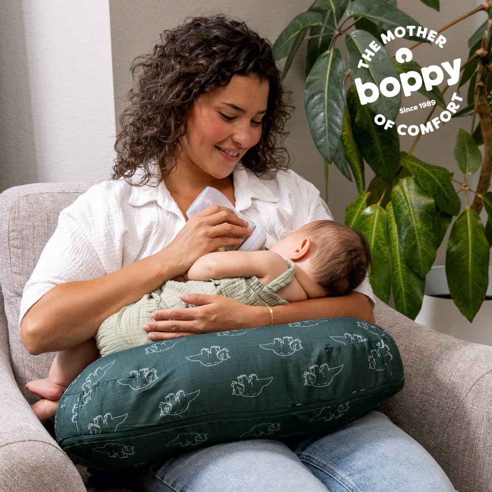 Boppy Nursing Pillow - Firm, Ergonomic U-Shaped Bottle and Breastfeeding Pillow with High Lift for Comfort and Support, Spacious Surface - Forest Green Dinos