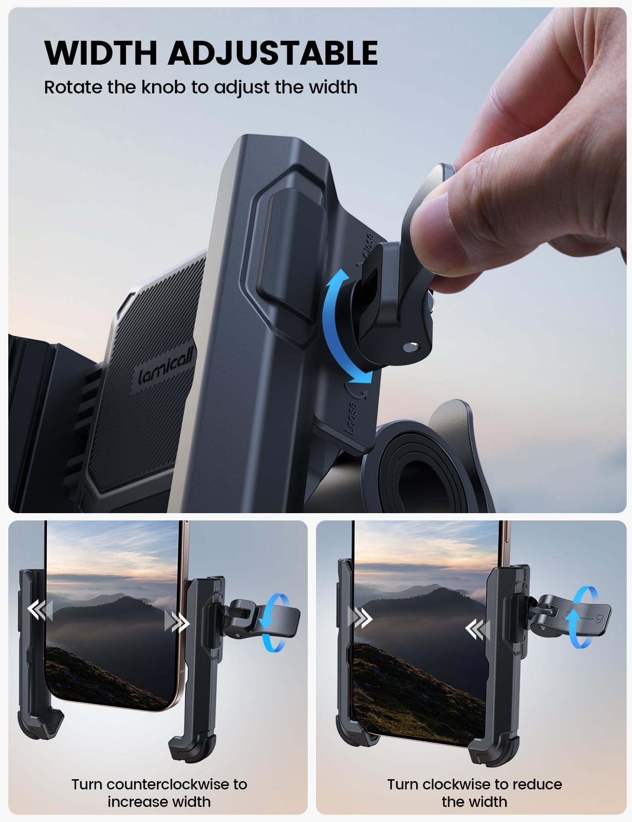 Lamicall Motorcycle Bike Phone Mount - [No Block Camera] [1s Lock] Bike Cell Phone Holder Clamp, Bicycle Scooter Handlebar Clip, Gifts for iPhone 17 16 15 14 Pro Max, Galaxy S25 Ultra, 4.7-7" Phones
