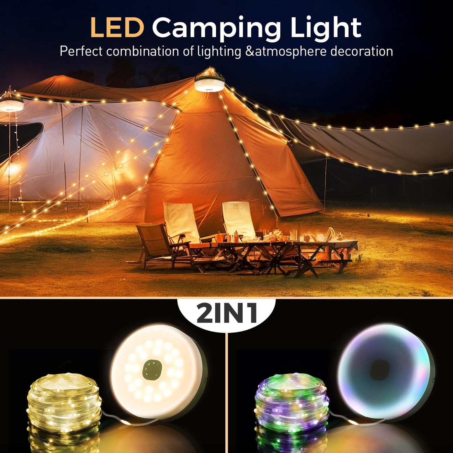 KUQIHUG Camping String Lights, 32.8FT Rechargeable Camping Lights with Quick Storage Reel, 8 Modes Waterproof Hanging LED Camping Lights for Tent, RV Awning, Patio and Outdoor Camping Gear Essentials