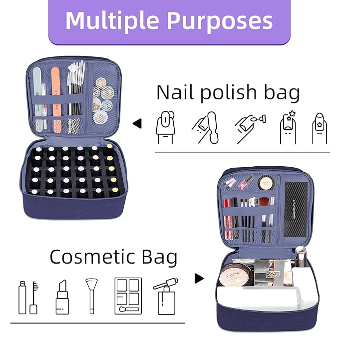 Nail Polish Organizer Holds 30 Bottles (15ml - 0.5 fl.oz) Double-layer Gel Nail Polish Kit Case, Nail Holder for Nail Lamp, Portable Nail Organizer and Storage for Nail Supplies (Blue)