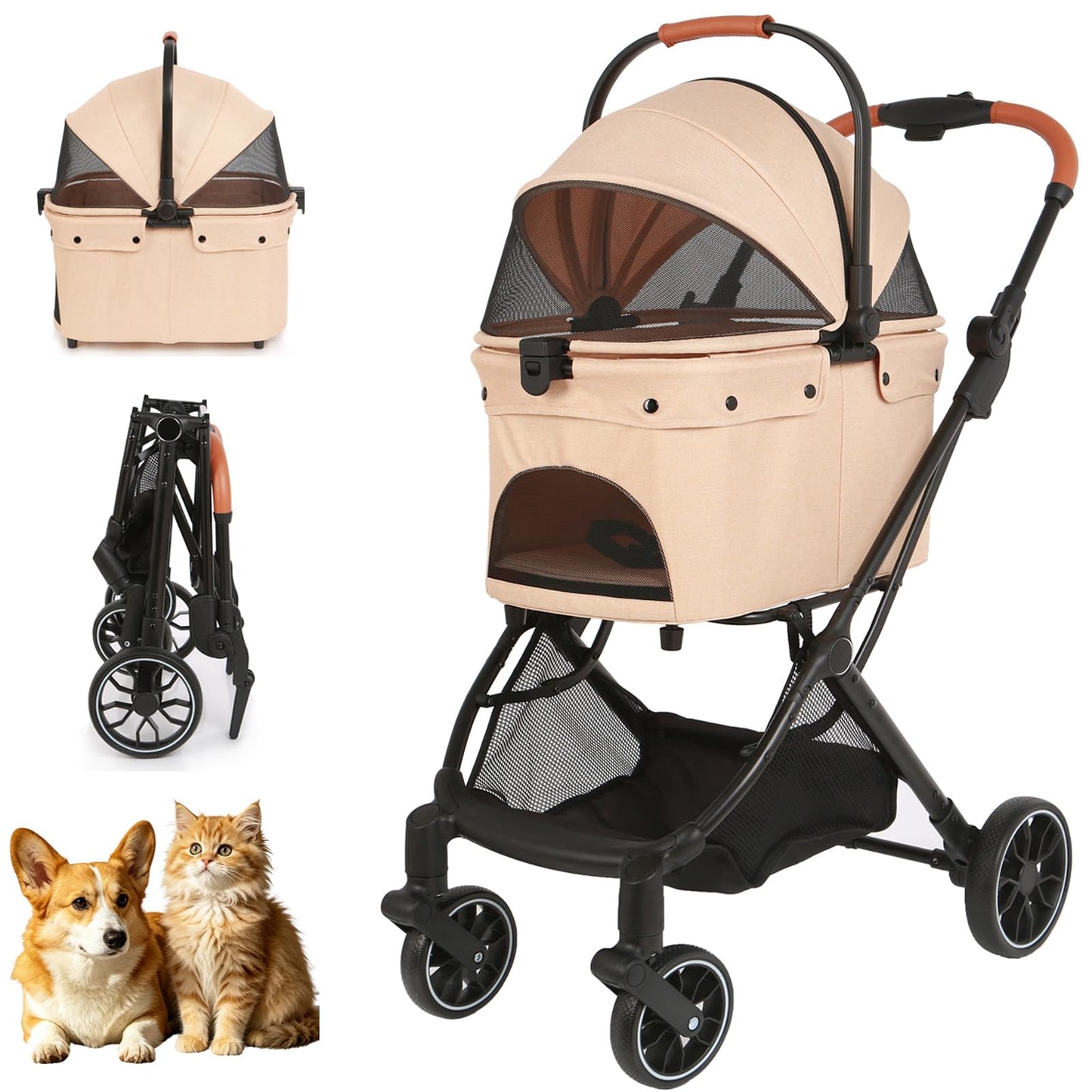 Pet Stroller for Small Dogs and Cats, Detachable Dog Cat Stroller with All-Terrain Shock Absorbing Wheels, One-Click Foldable Design, Adjustable Canopy (Khaki)