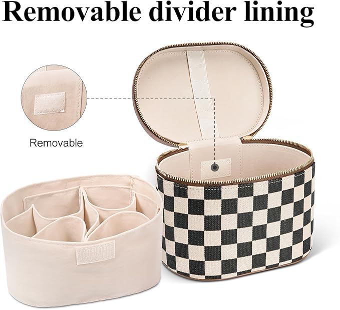 honitty Makeup Bag, Checkered Make up Case with Compartments and Handle, Portable Cosmetic Organizer Bags,Toiletry Bag for Women