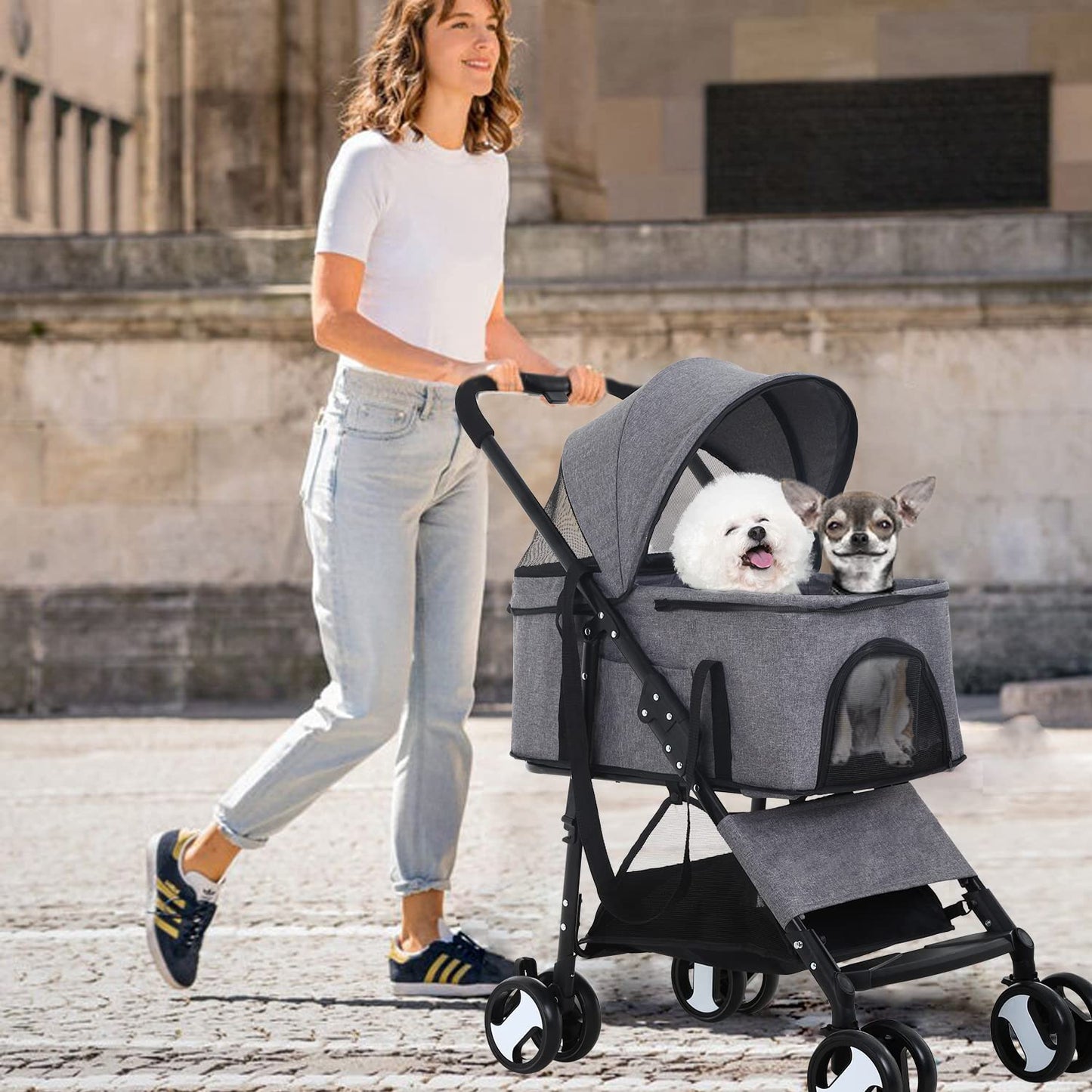 Dog Stroller 3-in-1 Folding Dog Stroller for Medium Small Dogs Pet Stroller Cat Stroller 4 Wheels with Detachable Carrier Storage Basket Waterproof Lightweight for Travel,Grey