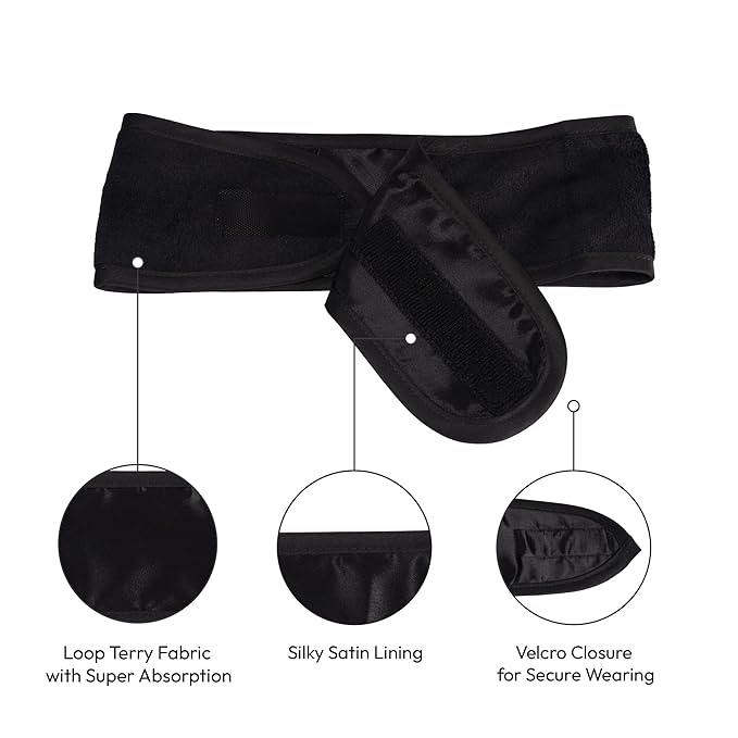 Red by Kiss Spa Headband for Washing Face, Adjustable Velcro Wrap Facial Makeup Hair Band Silky Satin Lining Terry Clothe for Shower Bath Washing Mask Sport Yoga (Black)