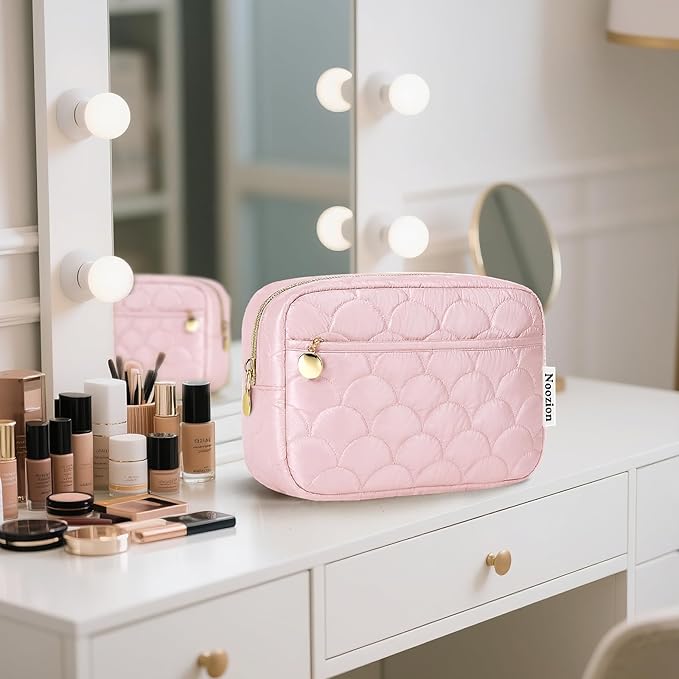 Noozion Makeup Bag Travel Toiletry Bag, Puffy Padded Cosmetic Bag for Women, Makeup Organizer Case, Wide-open Pouch Purse, Travel Essentials