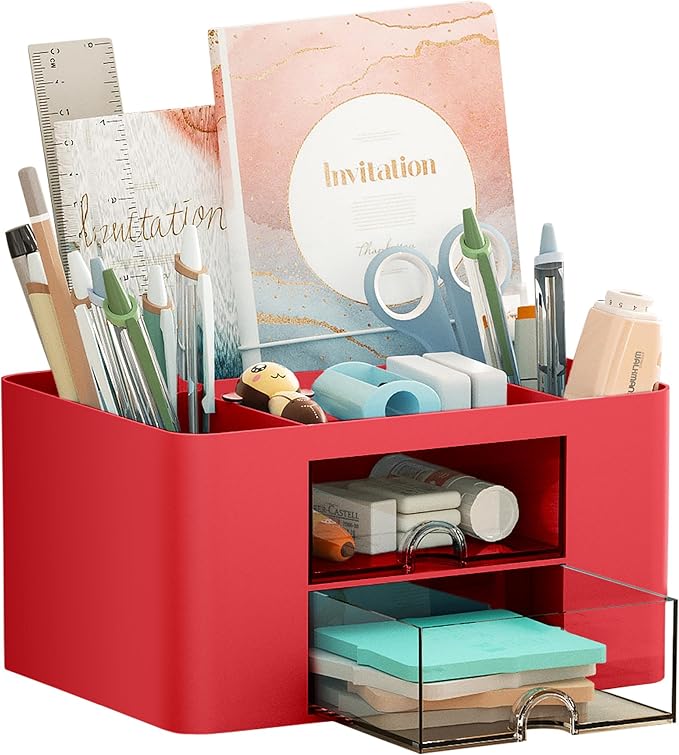 Marbrasse Pen Organizer with 2 Drawer, Multi-Functional Pencil Holder for Desk, Desk Organizers and Accessories with 5 Compartments + Drawer for Office Art Supplies (Red)