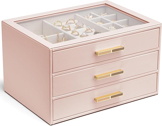 Vlando Jewelry Box for Women, Glass Lid Jewelry Organizer with 3 Drawers for Necklaces Rings Earrings Bracelets Mother Day Gift for Mom - Dark Pink