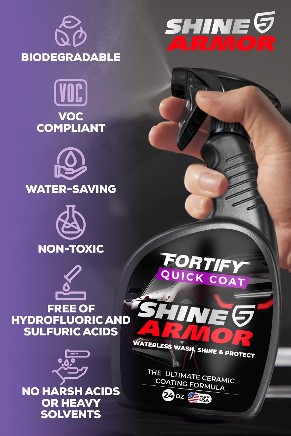 Car Wax Spray and Ceramic Coating for Cars - 3 in 1 Waterless Car Wash and Detailing - Quick Effect Coating Agent for Car - High Gloss Car Coating Spray, Shiny Car Stuff by Shine Armor - 24FlOz