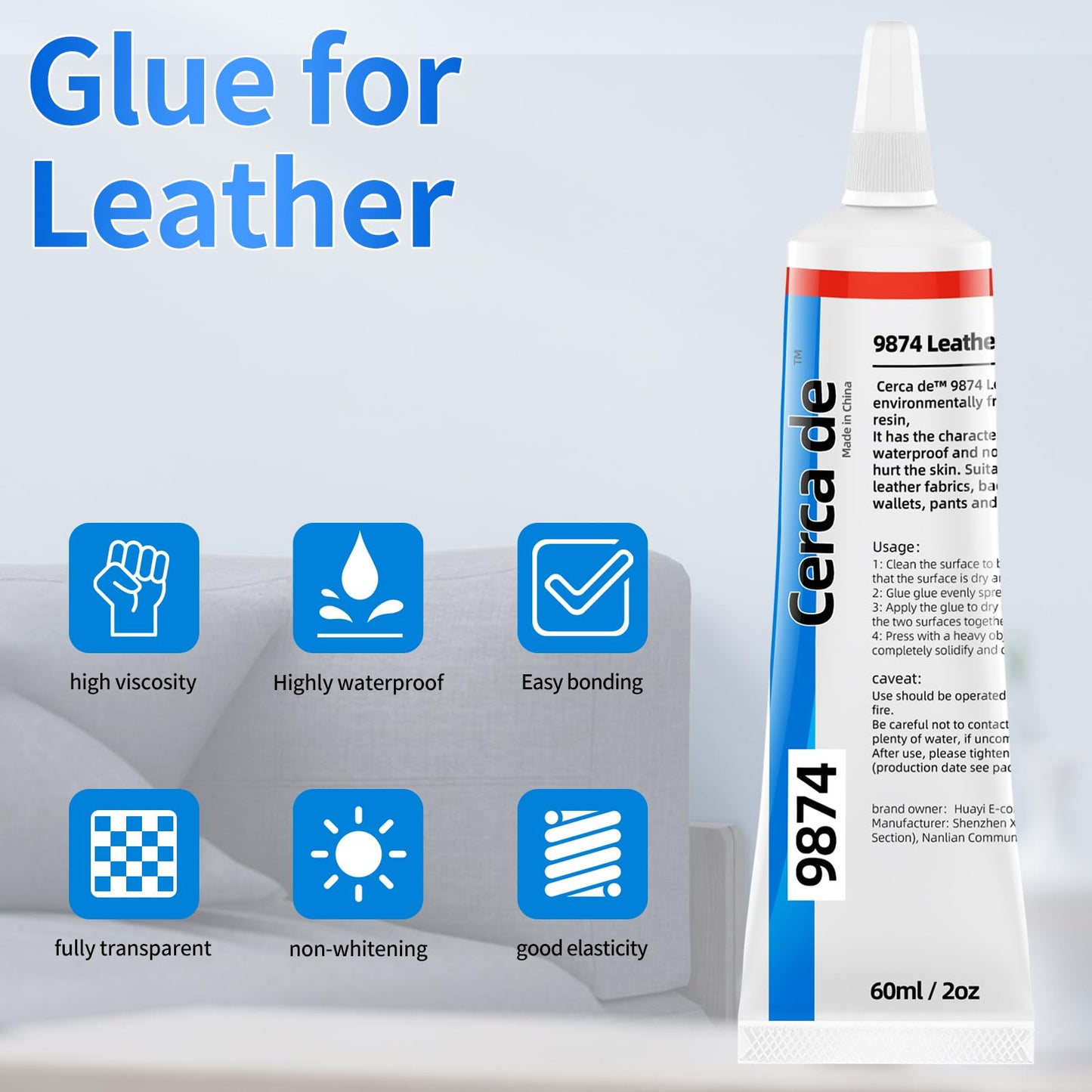 Cerca de Leather Glue,Permanent，Adhesive Clear,Strong, Waterproof，for Sofas, Car Seats, Purses, Professional Leather Repair and bonding, 2 oz.