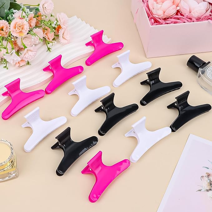 Hair Clips for Styling Sectioning 12 Pack Black White Hot Pink Butterfly Clamps Hair Claw Clips Pro Salon Hair Clips for Styling, Sectioning, Cutting and Coloring