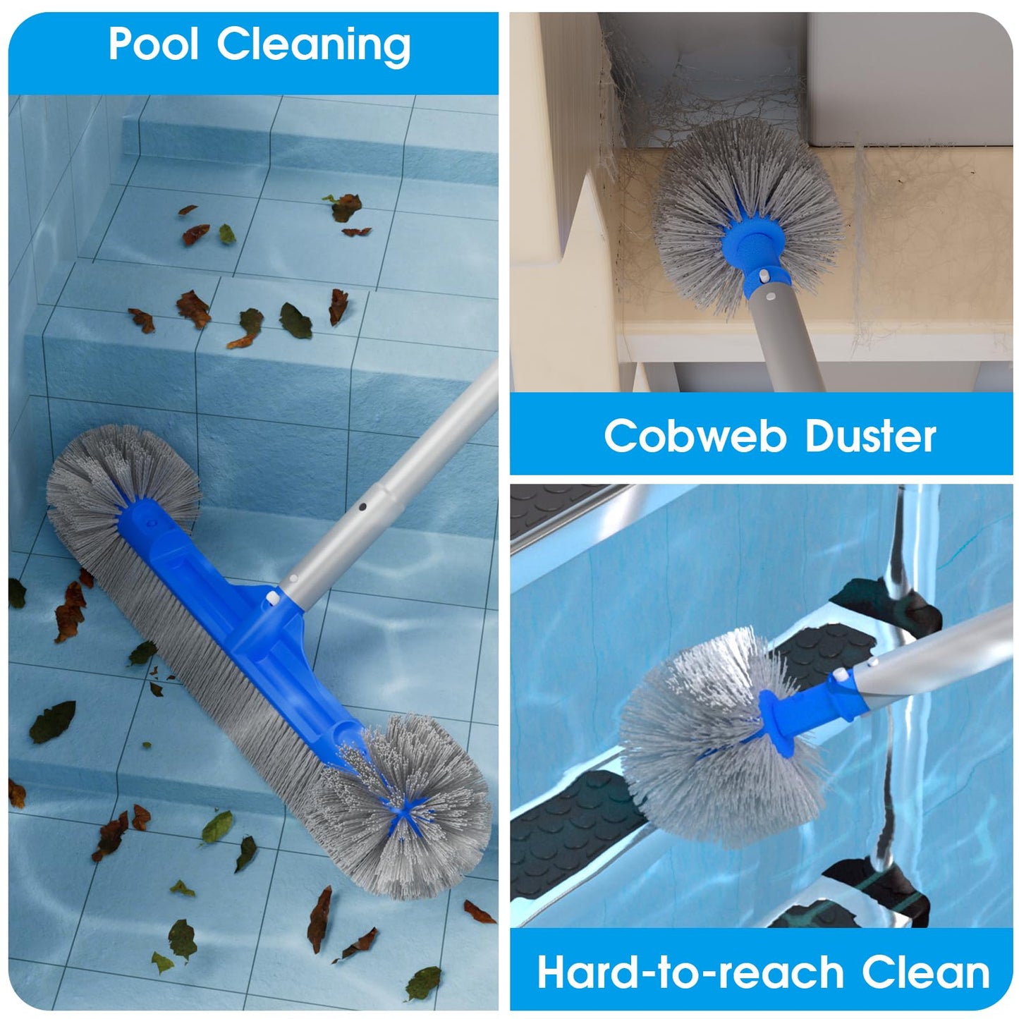 TidyMister Pool Brush Set - 20’’ 2-in-1 Detachable Round Brush with Extra Side Brush for Cleaning Hard-to-Reach Corners, 9 FT Aluminum Extended Pool Pole with Hidden Hook Retriever