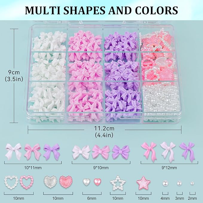 600 Pcs 3D Nail Charms and Flatback Pearls #9, 3 Colors Bow + Pink&White Star Heart Cute Charms + 2-6mm White Pearls for Nail Art Design with Nail Charm Glue(UV Needed) and Pickup Tools