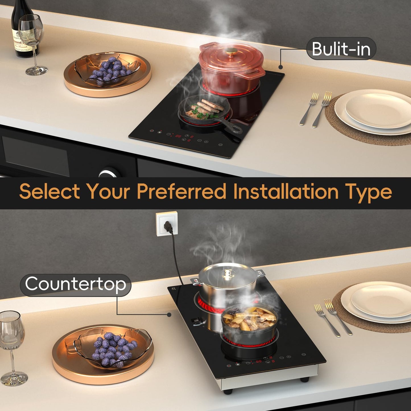 Zarbaco Electric Cooktop 2 Burner, 1800W Radiant Electric Stove Top 120V with Countertop & Built-in Design, 12 inch Touch Control Ceramic Cooktop with Safety Lock, 9 Level Power, Timer - Plug in
