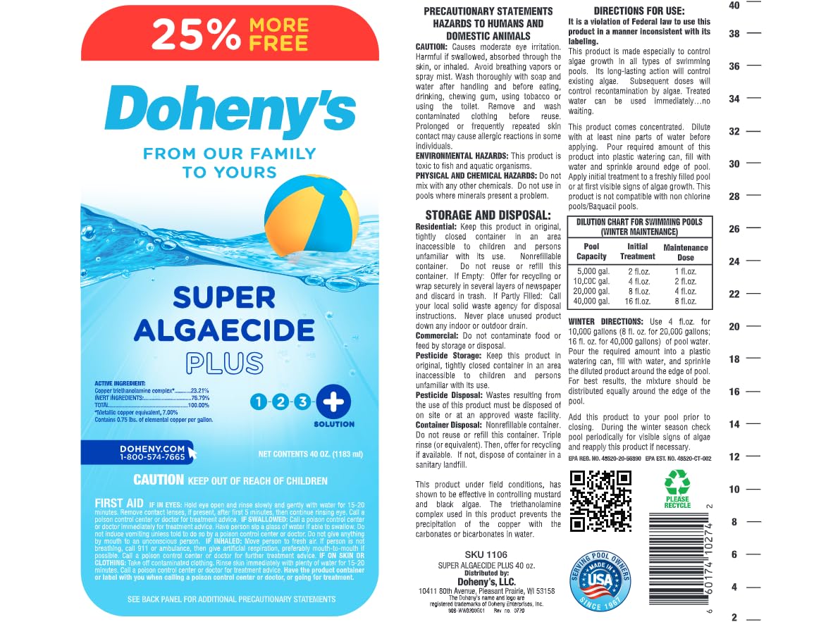 Doheny's Super Algaecide Plus | Pro-Grade | Effective Against Most Algae Types | 7.1% Chelated Copper (Chelated to Reduce Staining) | Non-Foaming, No Clouding | Safe to Swim After Use | 40oz Bottle