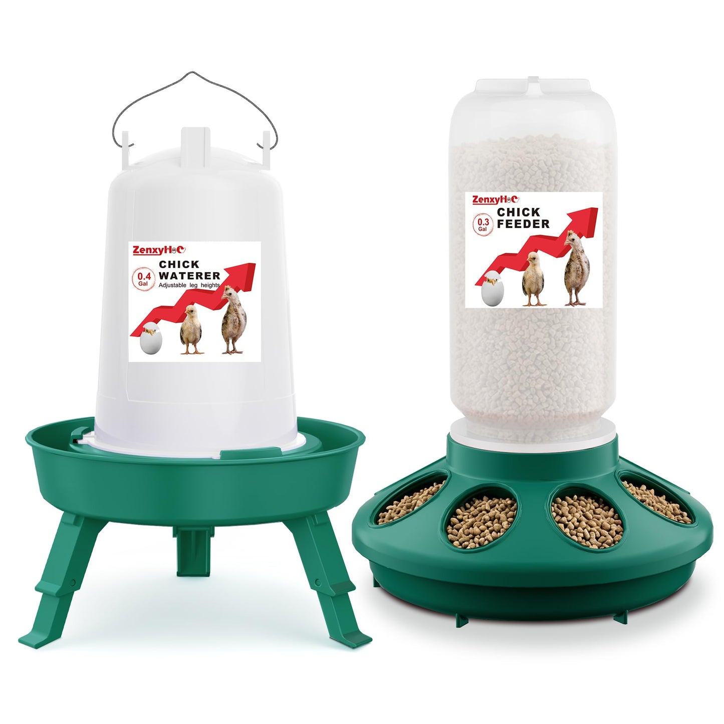 2-in-1 Chick Starter Set: 0.3 Gal Feeder & 0.4 Gal Waterer with Adjustable Legs for Baby Chicks, Hanging Hooks, Anti-Drown Design - BPA-Free Plastic (Green)