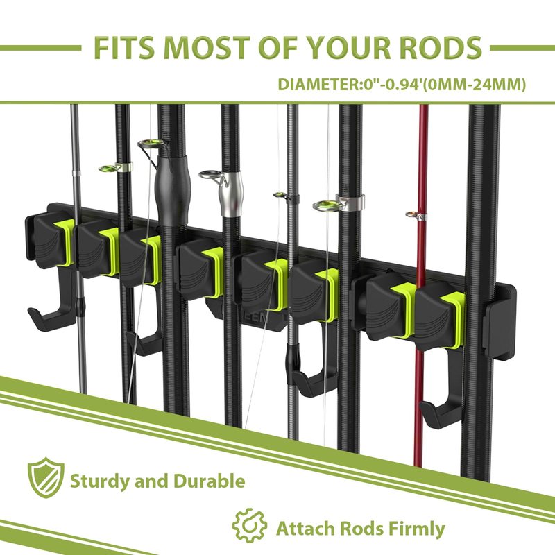 Fishing Rod Holders, Wall Mounted Fishing Rod Rack, Fishing Pole Holder Holds Up to 8 Rods or Combos, Fishing Rod Holders for Garage with 4 Hooks, Fits Most Rods of Diameter 3-24mm