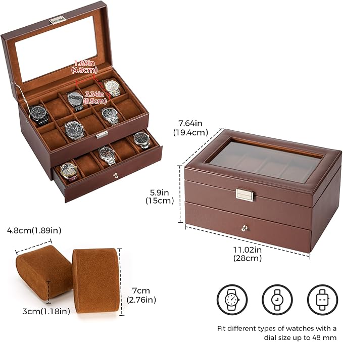 ProCase Watch Box for Men, 12 Slot Mens Watch Case With Drawer, Watch Display Case With Glass Lid, 2-Layer Watch Holder Organizer, Jewelry and Watch Storage for Men Women -20 Slot, Espresso