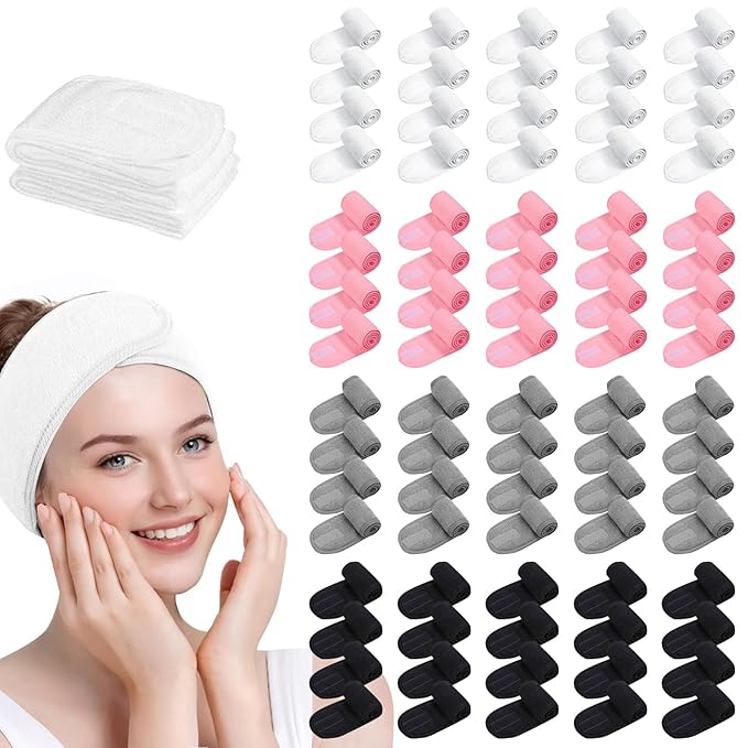 80 Pack Adjustable Spa Headband for Women Non-Slip Facial Hair Wrap (WH&BK&GY&PK, 80)