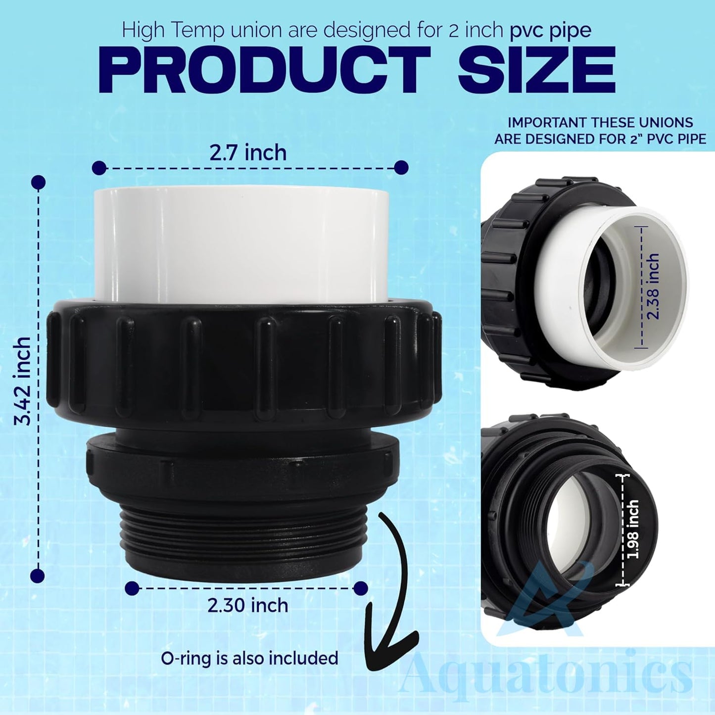 Aquatonics High-Temp Joints – 2-Pack 1-Set Hi Temp Union Compatible with Whisperflo, Intelliflo – 2" Threaded Connectors for PVC Pipes – 2-inch PVC Union Replacement for Pool Pumps