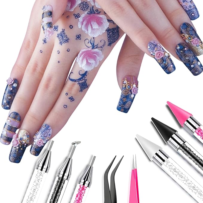 14 Pcs Rhinestone Picker Tool - 3 Pcs Dual-head Pens with 6 Wax Tips, Useful Clay, Precision Curved and Straight Tweezers Kit for Picking Up Nail Art Gems, Stones, Crystals, and Nail Charms