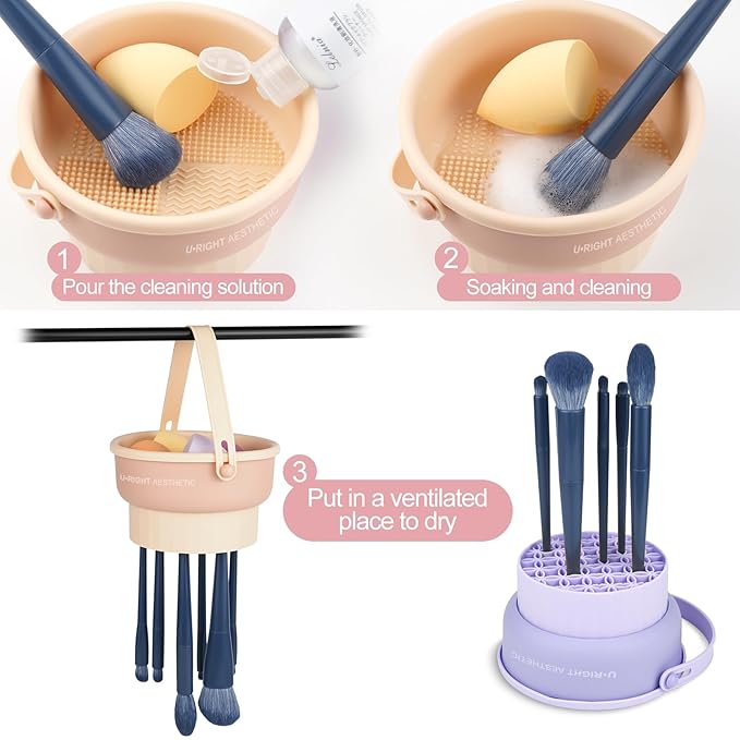 Makeup Brush Cleaner Mat 3 in 1 Silicone Makeup Brush Cleaner Bowl Cosmetic Brushes Cleaning Tool Makeup Cleaner for Brushes (Purple)