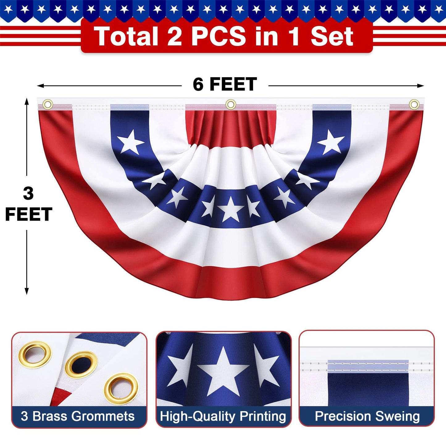 2 Pack 3x6 Ft Large American Flag Bunting - USA Pleated Fan Flags for Outside - Red White & Blue Patriotic Decor for 250th Anniversary,Memorial Day, Independence Day 4th of July Decorations