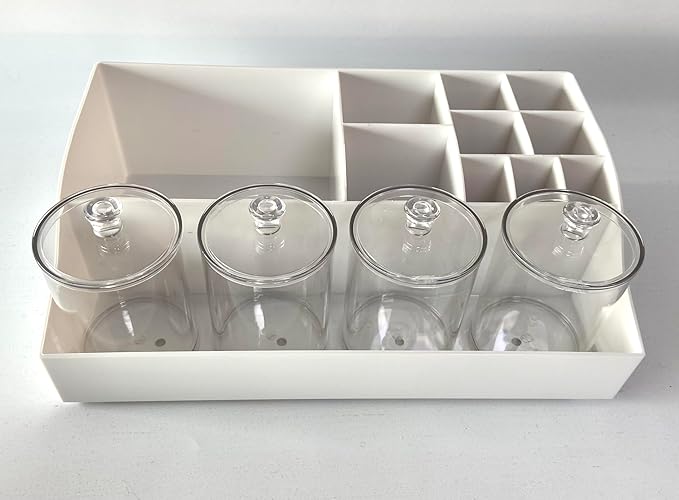 Vtopmart 5 PCS Bathroom Countertop Organizer, 1 Divided Tray with 4 Qtip Holder Jars, Restroom Clear Organizers for Toothbrush, Cotton Pads Balls, Floss, Bathroom Vanity Accessories Storage Set, White