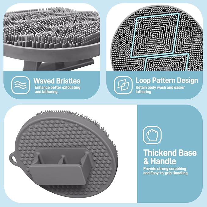 Silicone Body Scrubber for Shower, Silicone Loofah Body Buffer with Dense Bristles and Comfort Handle, Exfoliating Body Scrubber Shower Scrubber for Good-Lathering & Deep Cleansing(Gray)