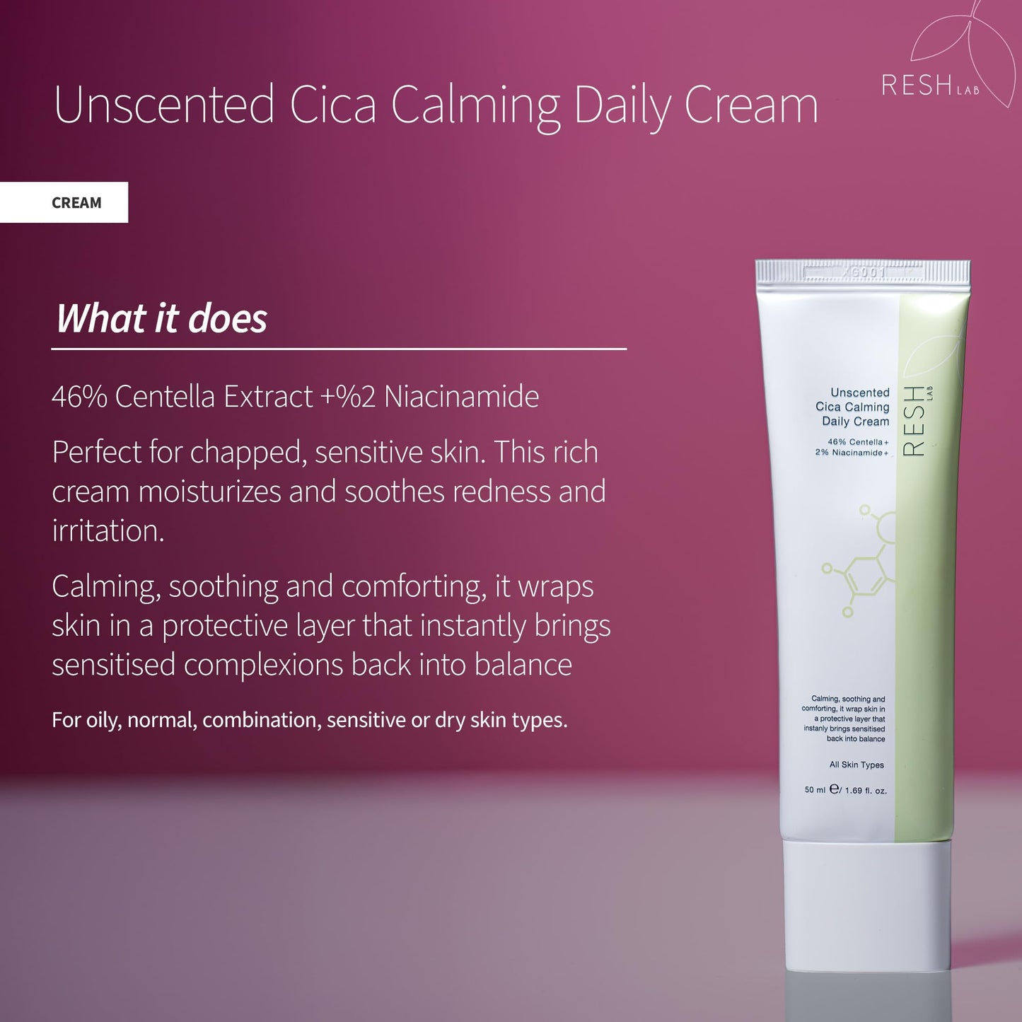 Resh Lab Korean Cica Repair Cream – Hydrating Face Moisturizer for Sensitive & Dry Skin | Redness Relief, Soothing Cream with Ceramide & Panthenol (Fragrance-Free, 50ml)