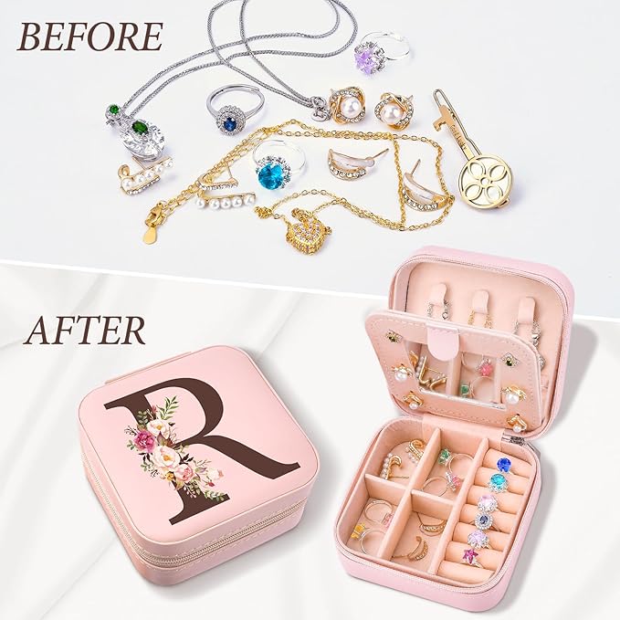 Small Travel Jewelry Case for Girls Women, Travel Jewelry Box Organizer Personalized Pink Gifts for Wife Mom, Gift for Friend Sister Grandma Aunt, Initial R