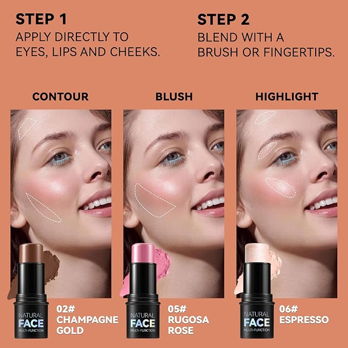 3Pcs Cream Contour Stick Makeup Kit, Shades with Highlighter, Blush and Bronzer Contour Stick for Sculpt the Cheeks, Long Lasting, Waterproof, Matte & Dewy Finish (LIGHT MEDIUM(2+5+6))