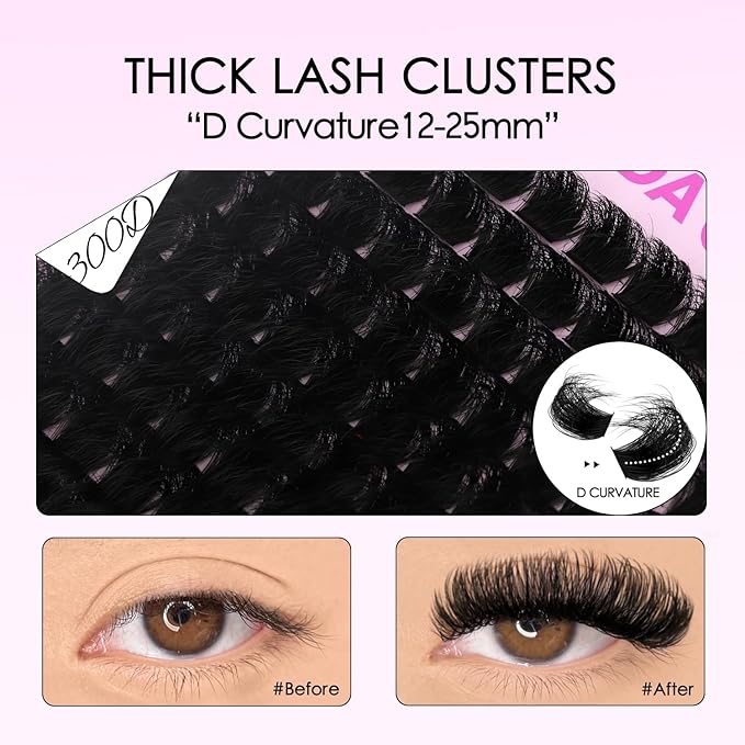 Lash Clusters 300D Volume Lash Clusters 12-25mm Long Volume Cluster Eyelash Extensions D Curvature Waterproof Eyelash Clusters Individual Cluster Lashes Soft Wispy DIY Lash Extension by Sofenida