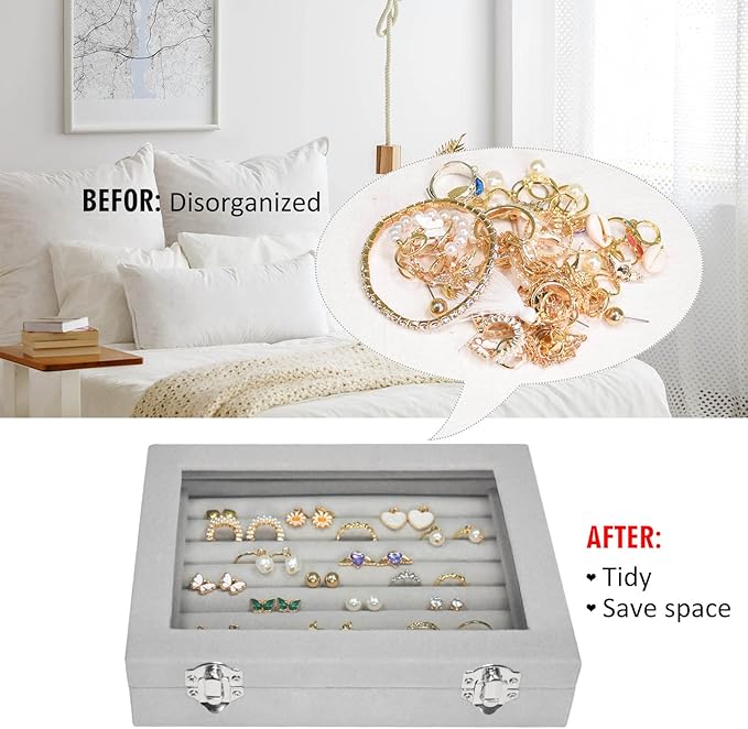 Rings Organizer Tray 7 Slots Velvet Jewelry Earring Storage Box with Transparent lid Jewelry Display Case for Girls Wife Mom Women (Grey)