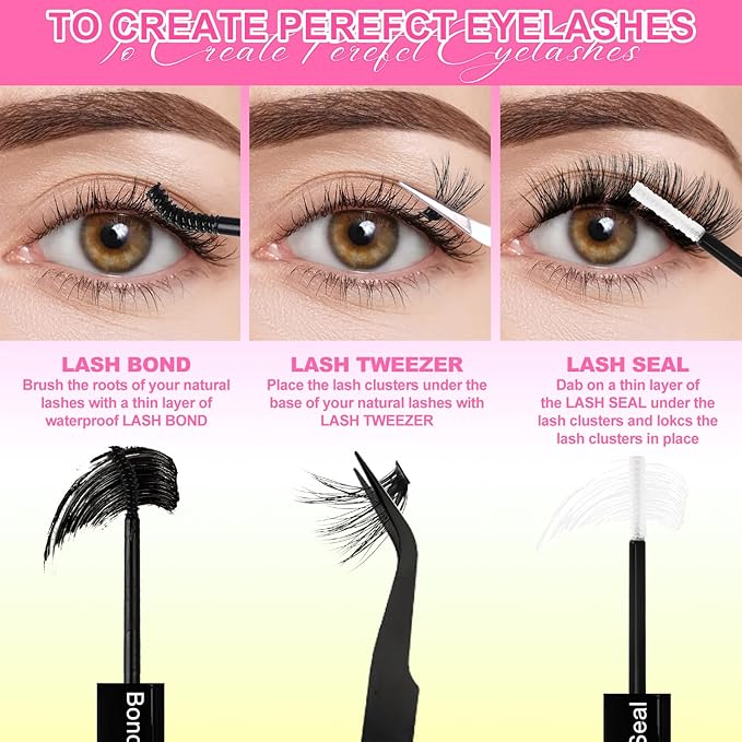 Wispy Lash Clusters Kit Eyelash Clusters with Bottom Lashes Natural 10-18mm Fluffy 40D 70D Individual Lashes Clusters Wispy Cluster Eyelash Extensions Bond&Seal D Curl DIY Lash Extension Kit