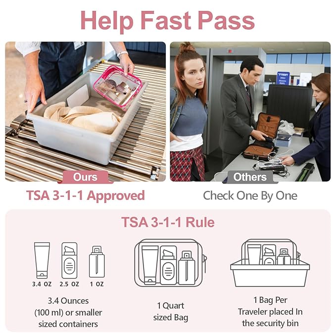 PACKISM TSA Approved Toiletry Bag 3 Medium - Quart Size Clear Makeup Bag for Carry On, Airport Security Compliant Clear Travel bag for Toiletries with Reinforced Seams, Bright Rose Red