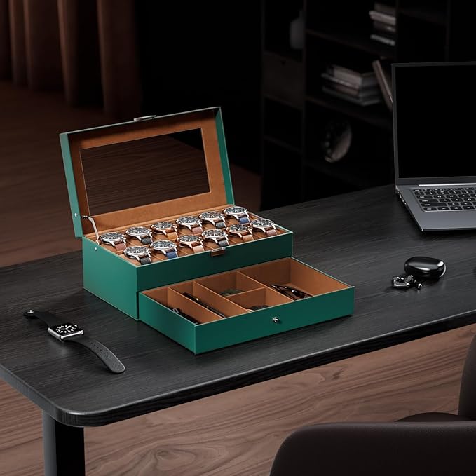 ProCase Watch Box, 12 Slot Mens Watch Case With Drawer, 2-Layer Watch Display Case With Glass Lid, Mens Jewelry Box Storage Holder Organizer, Birthday Valentine Gifts for Men -12Slot, MidnightGreen
