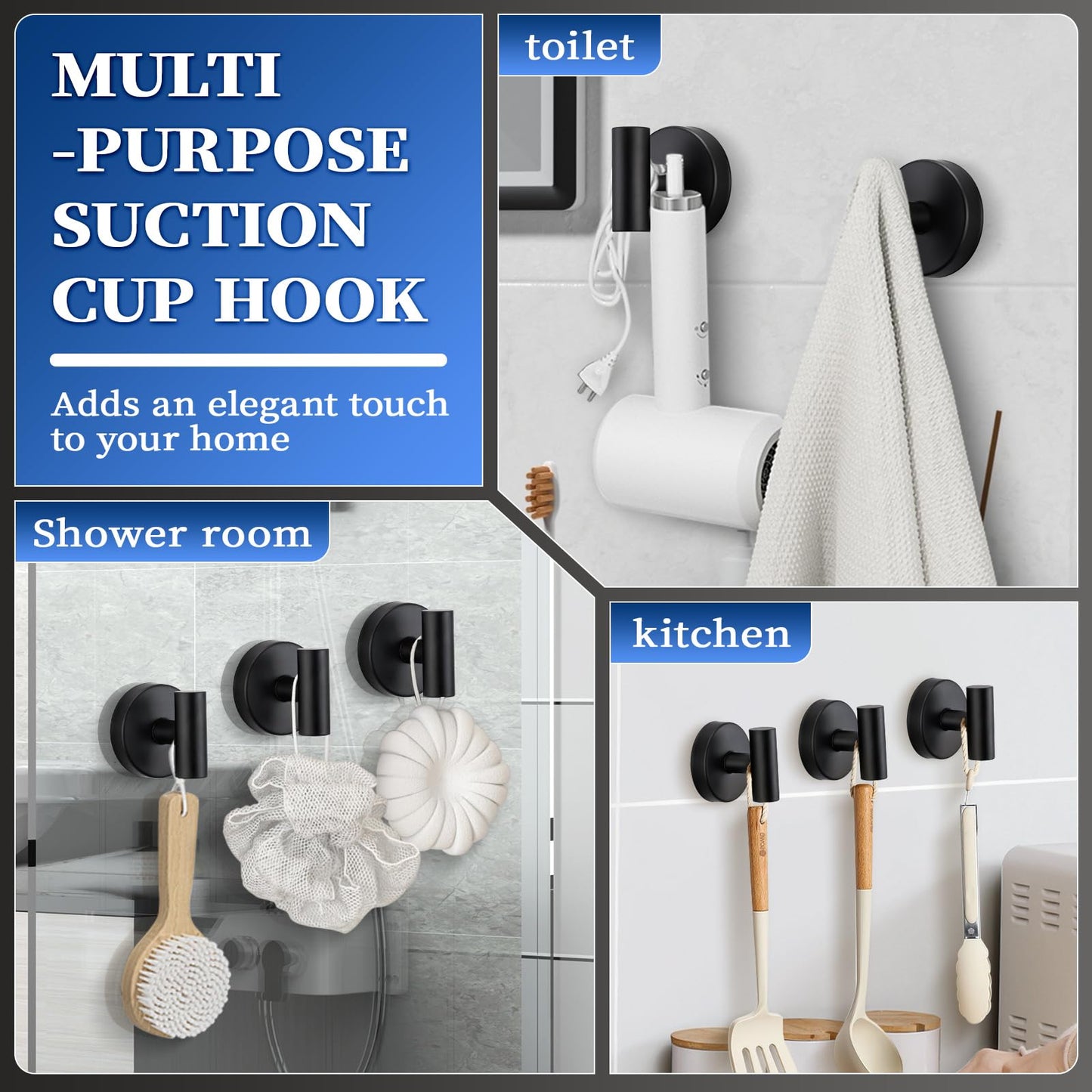 warlve Heavy Duty Reusable Suction Cup Hooks for Shower - No Drill Bathroom/Glass/Mirror/Tiles & Metal and Smooth Non-Porous Surfaces for Towels, Robes, Loofahs(4, Matte Black)