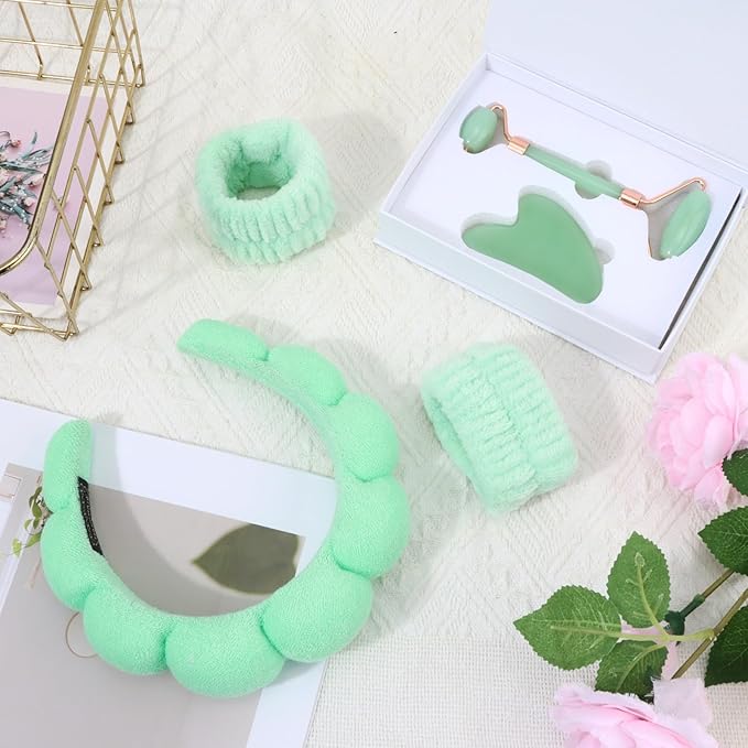 Chanaco Spa Headband and Wristbands for Women Gua Sha & Jade Roller Facial Tools Skincare Headband for Washing Face Makeup Fash Wash Hairband Teen Girl Trendy Stuff