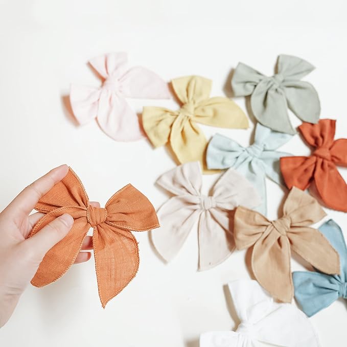 Niceye Fable Girls Hair Bows Cotton Linen Alligator Hair Clips or Little Girls Toddlers Kids Neutral Handmade Hair Accessories - 4.5” bow