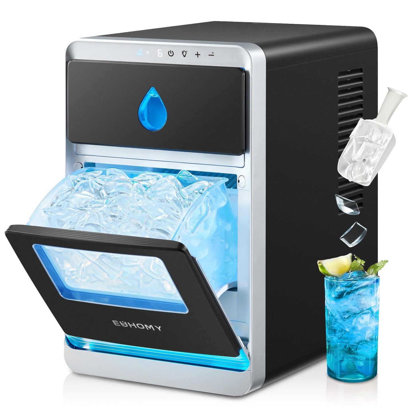 EUHOMY LunaArc Crescent Ice Maker Countertop, 16Pcs Ready in 12Mins, 1600Pcs/Day, Auto Deep Cleaning, Timer, Adjustable Ice Thickness, Portable Ice Cube Maker for Whiskey/Coffee/Soft Drinks