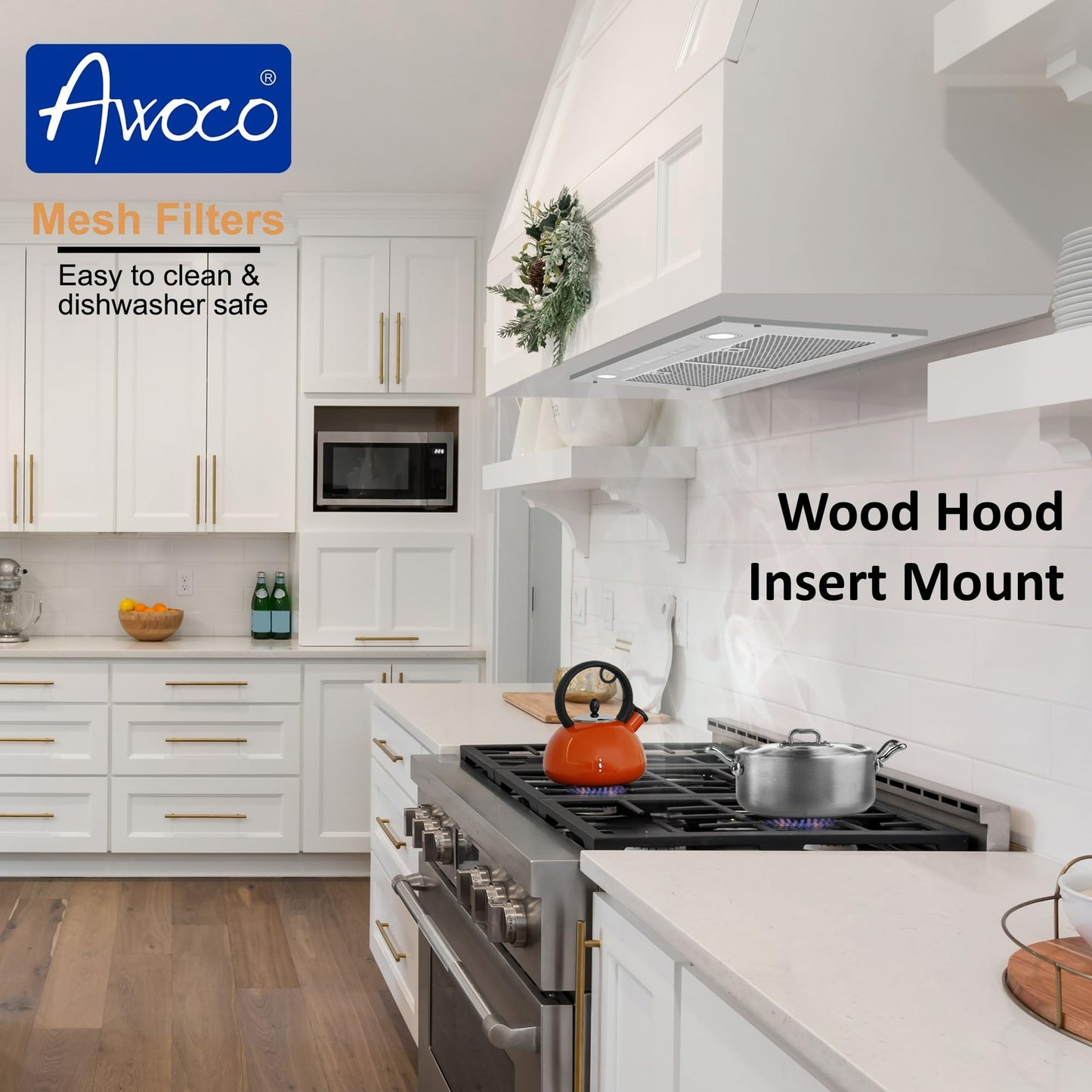 Awoco 14-1/2”D Super Quiet Split Insert Ceiling Mount Stainless Steel Range Hood, 4-Speed, 1000 CFM, LED Lights, Mesh Filters with 8” Blower & Remote Control (36"W 8" Vent)